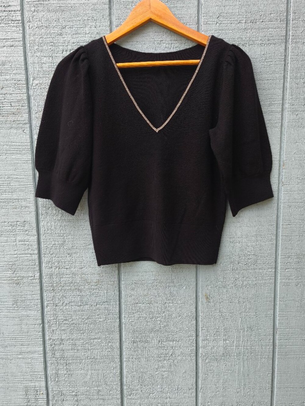 Kate Spade 100% Wool Rhinestone Boat Neck Reversible Puff Sleeve Sweater Sz S